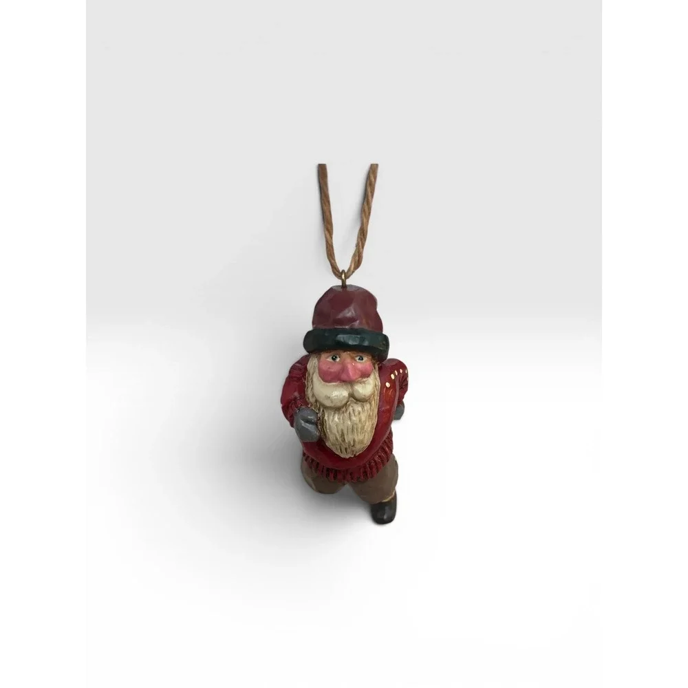 Vintage 2001 BIC Ice Skating Santa Christmas Ornament Red Sweater Folk Art